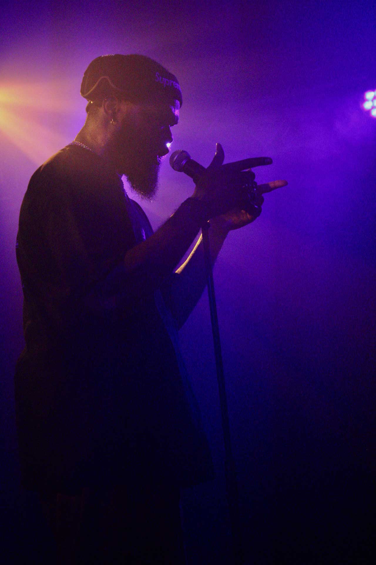 photo of a man singing at his concert.